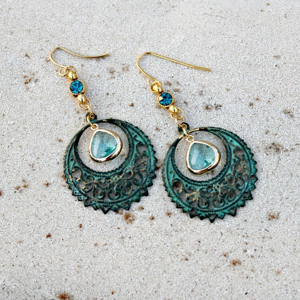 Bohemian Filigree Patina Chandelier Earrings - Verdigris, Gold, Aqua Jewel, Teal Jewel, Aquamarine, Crescent, Dangle, Gift for Her, Women's