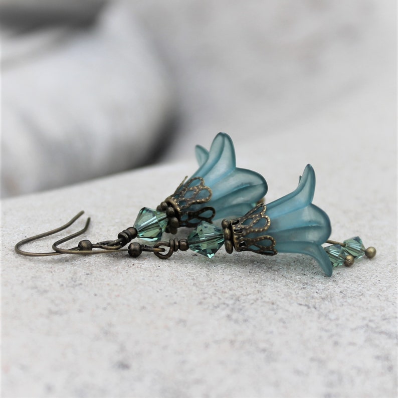 Frosted Teal Lucite Flower Earrings, Bohemian, Swarovski, Antique Brass image 4
