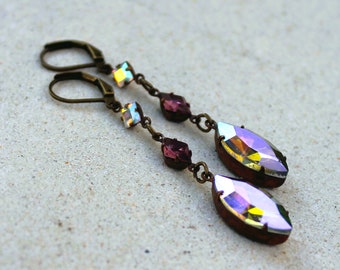 Iridescent Rainbow Lavender Purple and Crystal Geometric Vintage Jewel Earrings - Antique Brass, Crystal Dangle