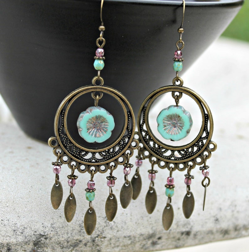 Long Bohemian Chandelier Earrings Turquoise Blue Pink | Etsy