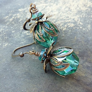 Aqua Teal Bohemian Drop Earrings, Antique Brass, Bohemian Czech Glass, Green Blue, Christmas Earrings image 3