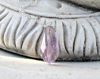 Amethyst Pendant Necklace, Long, Silver, Large, Gemstone, February, Birthstone, Organic, Simplistic, Purple, Gift for Her, Christmas Gift