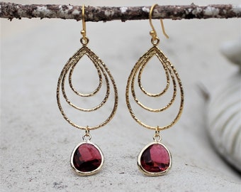 Gold Chandelier Teardrop Earrings - Ruby Glass Jewel, Wedding, Bohemian