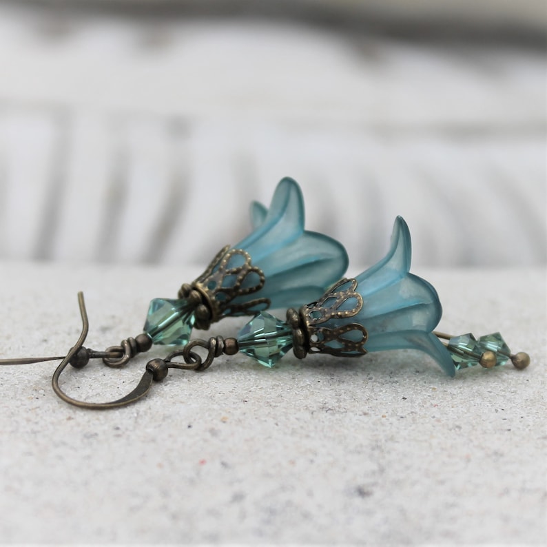 Frosted Teal Lucite Flower Earrings, Bohemian, Swarovski, Antique Brass image 7