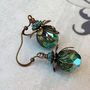 Aqua Teal Bohemian Drop Earrings, Antique Brass, Bohemian Czech Glass, Green Blue, Christmas Earrings image 1