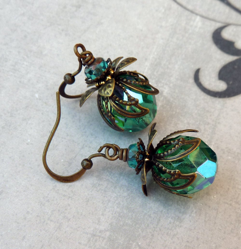 Aqua Teal  Bohemian Drop Earrings, Antique Brass, Bohemian Czech Glass, Green Blue, Christmas Earrings