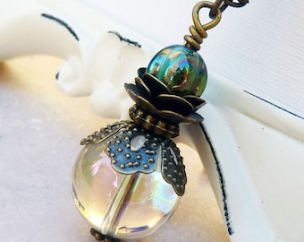 Crystal Ball Pendant Necklace, Antique Brass, Aurora Borealis, Bohemian Czech Glass, Crystal, Teal Blue Green, Orb, Gift for Her, Women's