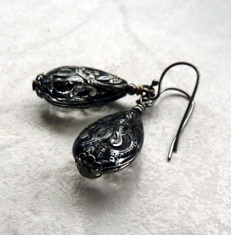 Black Teardrop Earrings, Etched, Lightweight, Gift under 15 image 4