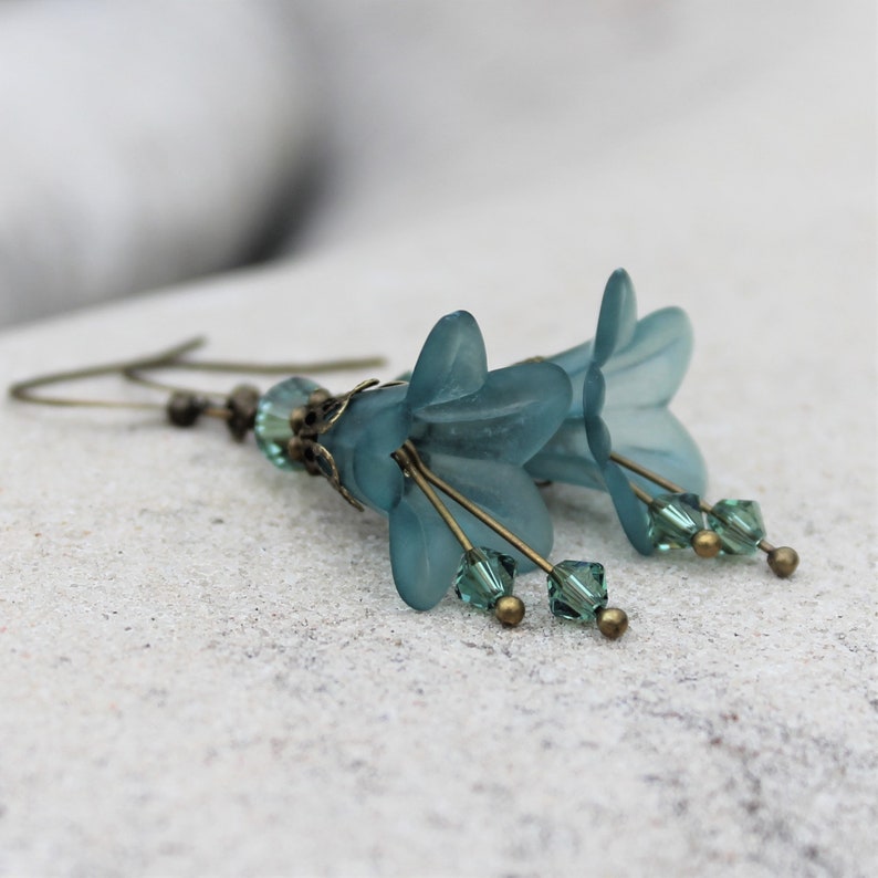 Frosted Teal Lucite Flower Earrings, Bohemian, Swarovski, Antique Brass image 2