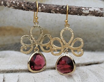 Gold Lotus Chandelier Earrings - Boho Chic, Wedding Jewelry, Ruby Red