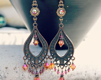 Bohemian Chandelier Earrings, Vintage Jewel, Orange Pink Earrings, Antique Copper, Boho  Dangle Earrings, Clip on or Pierced