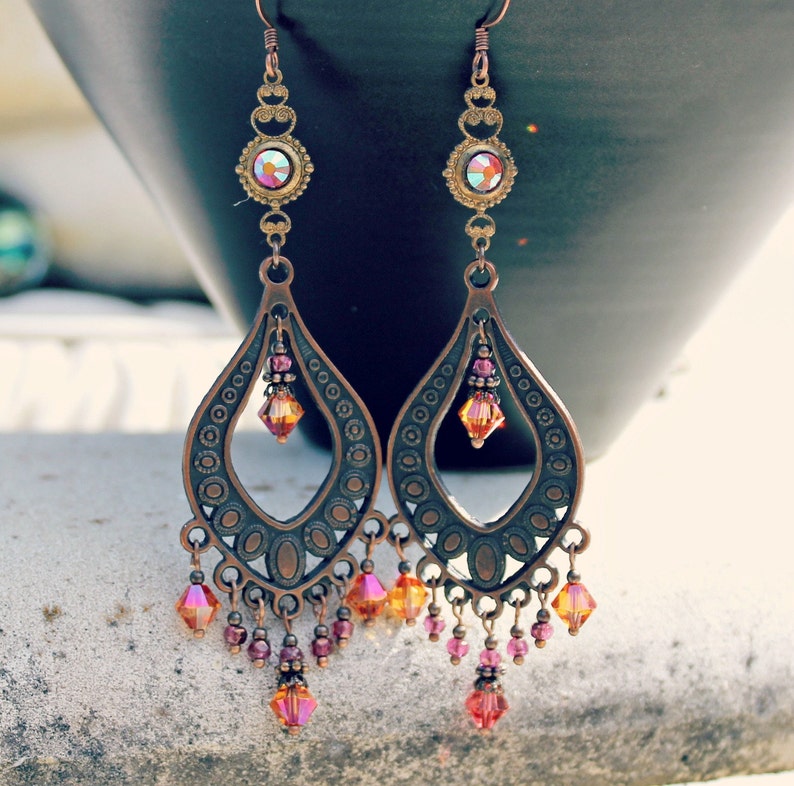Bohemian Chandelier Earrings, Vintage Jewel, Orange Pink Earrings, Antique Copper, Boho Dangle Earrings, Clip on or Pierced image 1
