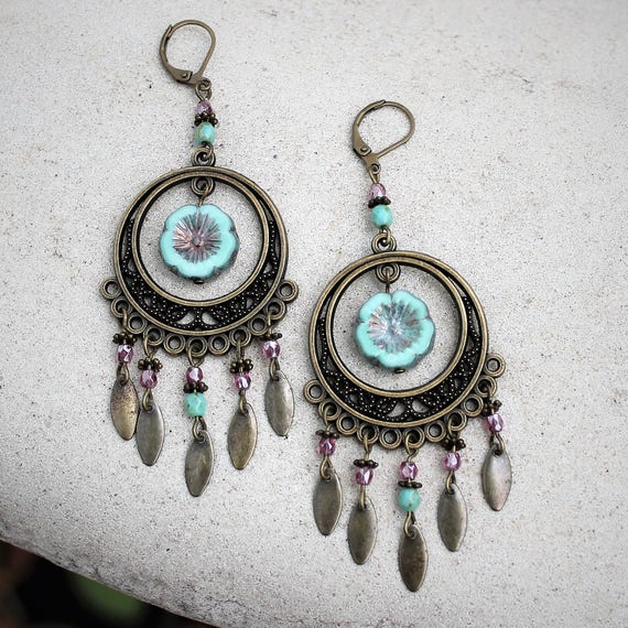 Long Bohemian Chandelier Earrings Turquoise Blue Pink | Etsy