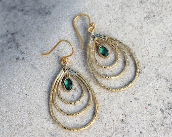 Gold Chandelier Peacock Earrings - Teardrop, Wedding, Bohemian, Teal