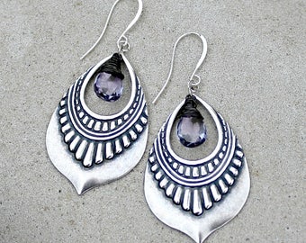 Silver Chandelier Earrings, Mystic Quartz Stone, Indigo Blue, Bohemian Earrings, Boho Chic, Dangle Earrings