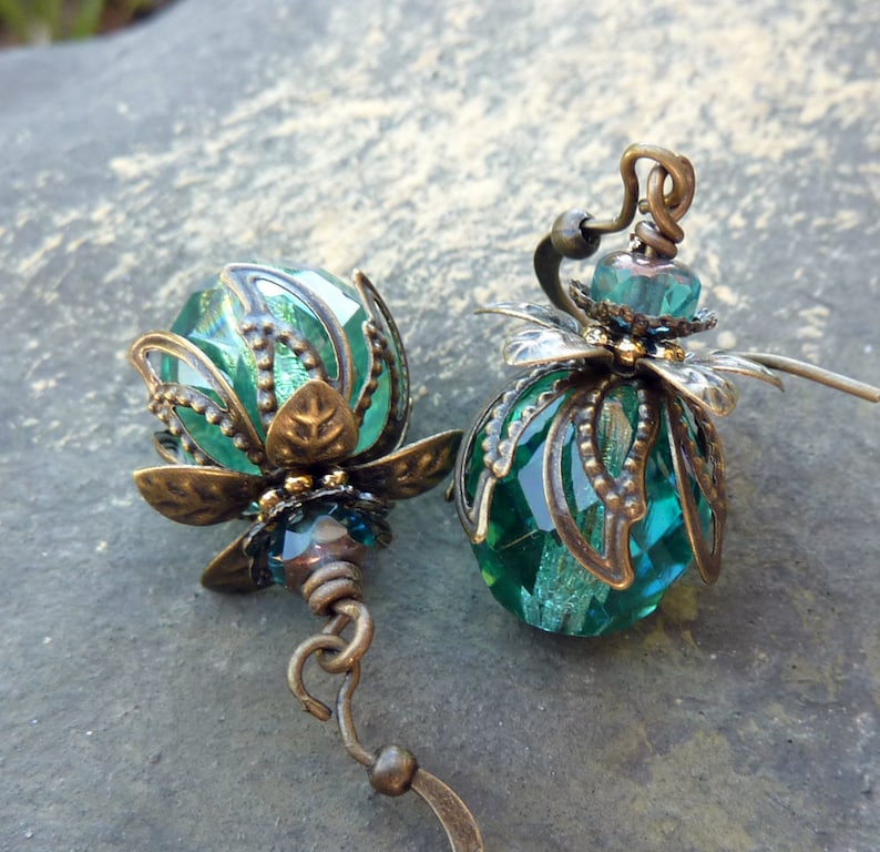 Aqua Teal Bohemian Drop Earrings, Antique Brass, Bohemian Czech Glass, Green Blue, Christmas Earrings image 2