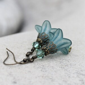 Frosted Teal Lucite Flower Earrings, Bohemian, Swarovski, Antique Brass image 3