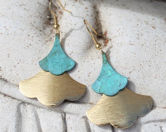 Bohemian Earrings, Leaf, Dangle, Gold, Boho Wedding, Rustic, Aqua Blue