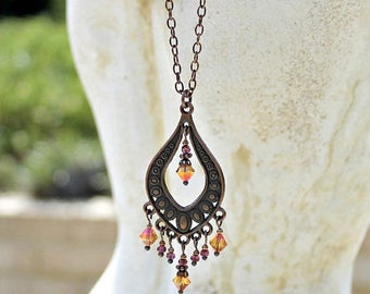 Bohemian Chandelier Necklace, Orange Pink, Vintage Jewel, Antique Copper, Czech Glass