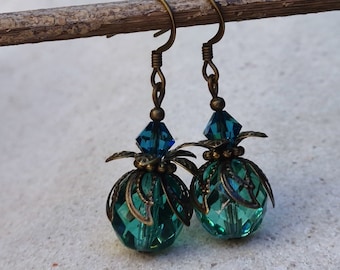 Aqua Teal Bohemian Drop Earrings, Antique Brass, Bohemian Czech Glass, Green Blue