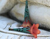 Shimmery Apricot and VerdigrisFlower Dangle Earrings - Long, Trumpet, Peach, Bohemian