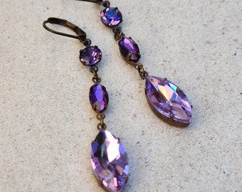 Lavender Purple Geometric Vintage Jewel Earrings - Antique Brass, Crystal Dangle
