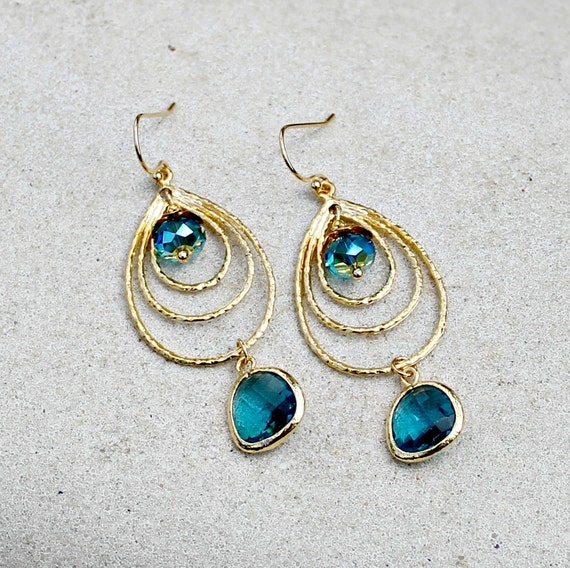 Gold Chandelier Earrings Teal Jewel Teardrop Wedding Singapore Gold Chandelier Earrings Teal Jewel, Teal Gold Chandelier Earrings