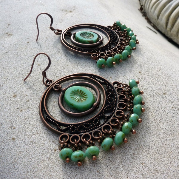 Large Turquoise Bohemian Czech Glass Chandelier Earrings