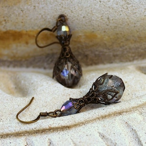 Indigo Purple Lustre Drop Earrings, Bohemian Czech Glass, Antique Brass, Tanzanite Purple Crystal