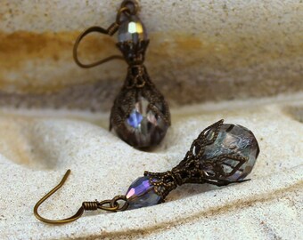 Indigo Purple Lustre Drop Earrings, Bohemian Czech Glass, Antique Brass, Tanzanite Purple Crystal