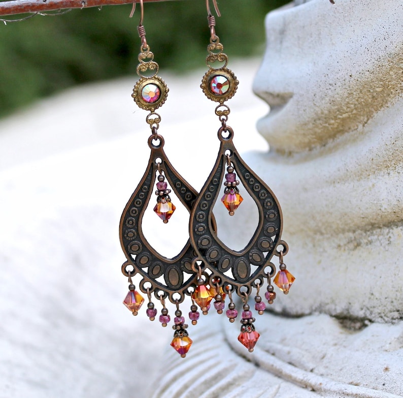 Bohemian Chandelier Earrings, Vintage Jewel, Orange Pink Earrings, Antique Copper, Boho Dangle Earrings, Clip on or Pierced image 2