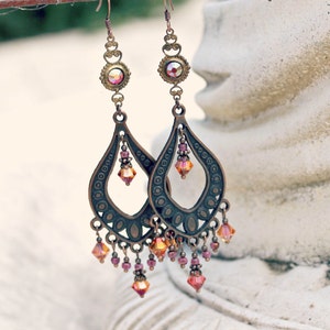 Bohemian Chandelier Earrings, Vintage Jewel, Orange Pink Earrings, Antique Copper, Boho Dangle Earrings, Clip on or Pierced image 5