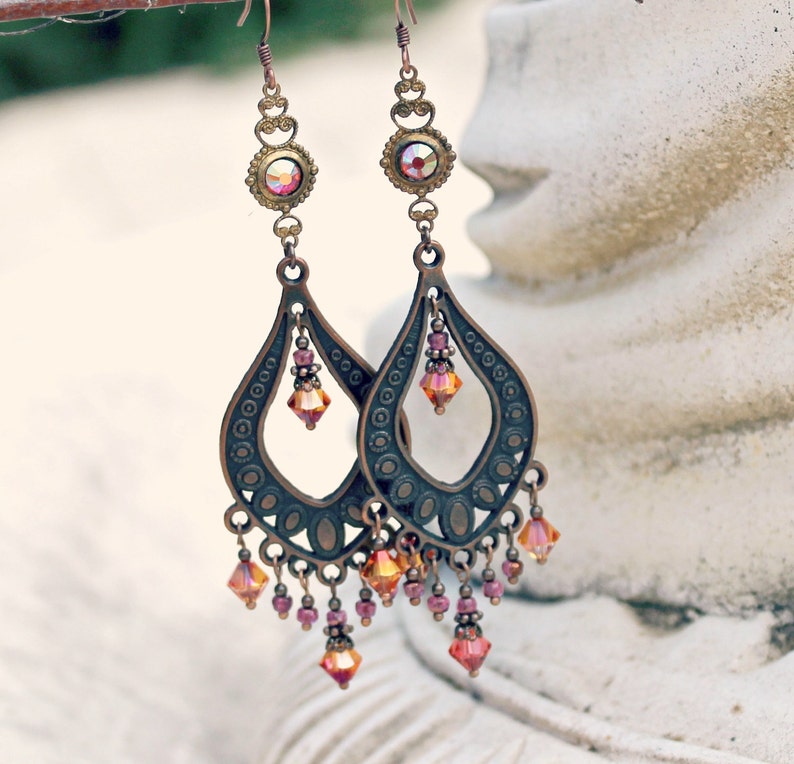Bohemian Chandelier Earrings, Vintage Jewel, Orange Pink Earrings, Antique Copper, Boho Dangle Earrings, Clip on or Pierced image 5