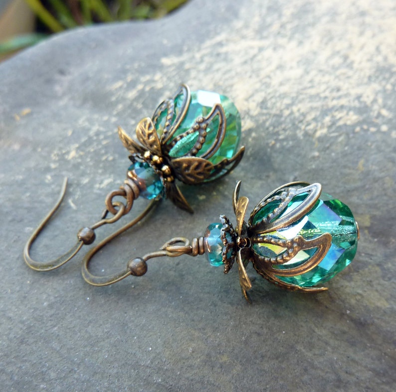 Aqua Teal Bohemian Drop Earrings, Antique Brass, Bohemian Czech Glass, Green Blue, Christmas Earrings image 4