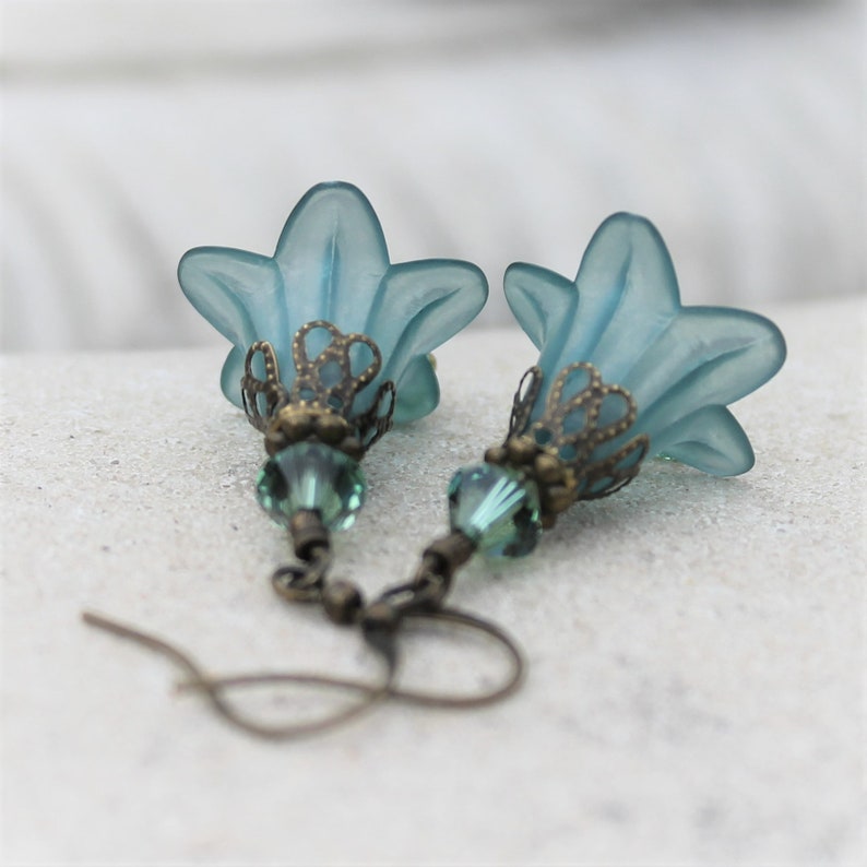 Frosted Teal Lucite Flower Earrings, Bohemian, Swarovski, Antique Brass image 8