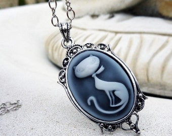 Retro Kitty Pendant  Necklace - Cameo, Cat, Kitty, Long Chain, Antique Silver
