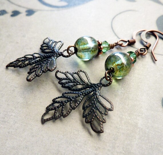Copper Leaf Dangle Earrings Forest Green Czech Glass | Etsy