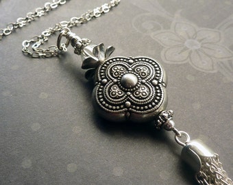 Silver Tassel Necklace, Long Chain, Antique Silver, Boho