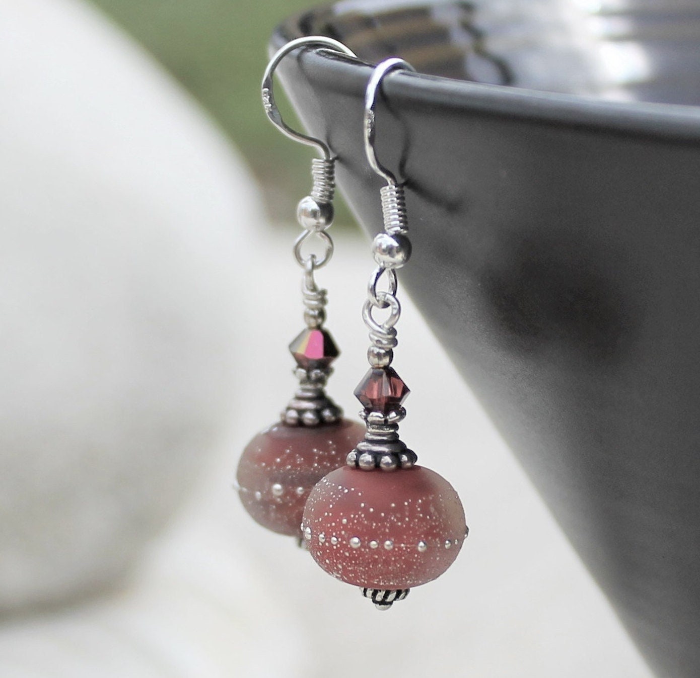 Frosted Ruby Pink Lampwork Glass and Sterling Silver Earrings - Etsy