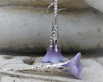 Lilac Purple and Silver Flower Dangle Earrings - Long, Trumpet