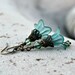 Frosted Teal Lucite Flower Earrings, Bohemian, Swarovski, Antique Brass 