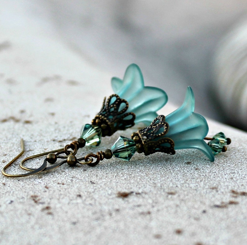 Frosted Teal Lucite Flower Earrings, Bohemian, Swarovski, Antique Brass 