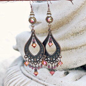 Bohemian Chandelier Earrings, Vintage Jewel, Orange Pink Earrings, Antique Copper, Boho Dangle Earrings, Clip on or Pierced image 4