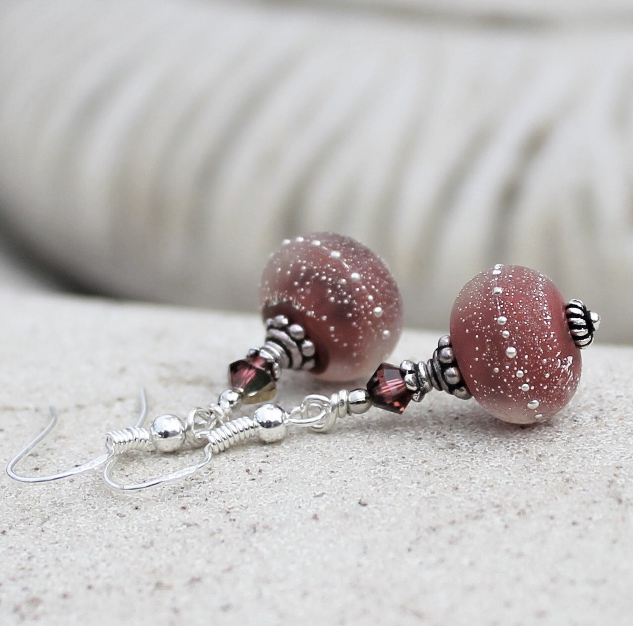 Frosted Ruby Pink Lampwork Glass and Sterling Silver Earrings - Etsy