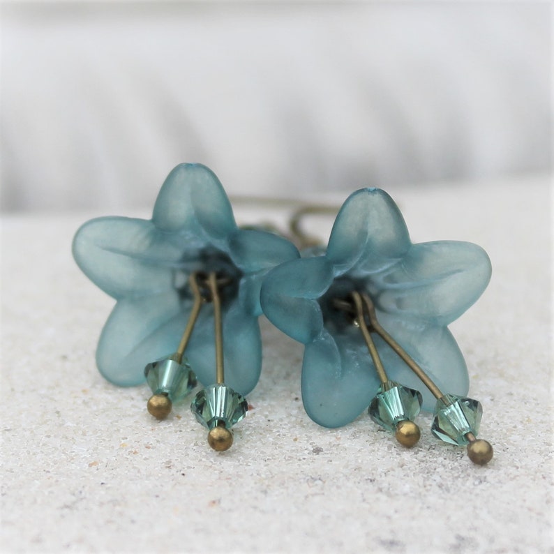 Frosted Teal Lucite Flower Earrings, Bohemian, Swarovski, Antique Brass image 5