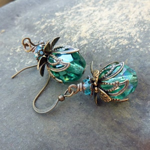 Aqua Teal Bohemian Drop Earrings, Antique Brass, Bohemian Czech Glass, Green Blue, Christmas Earrings image 5