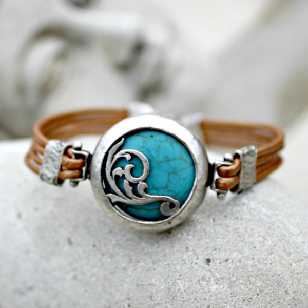 Bohemian Leather Bracelet, Turquoise, Silver, Silk Road, Copper, Tribal, South Western