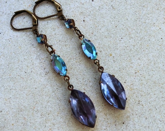 Purple and Aqua Blue Geometric Vintage Jewel Earrings - Antique Brass, Crystal Dangle