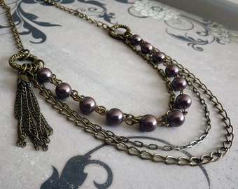 Layer Necklace - Chain, Swarovski Glass Pearl, Purple, Plum, Antique Brass, Bohemian, Tassel