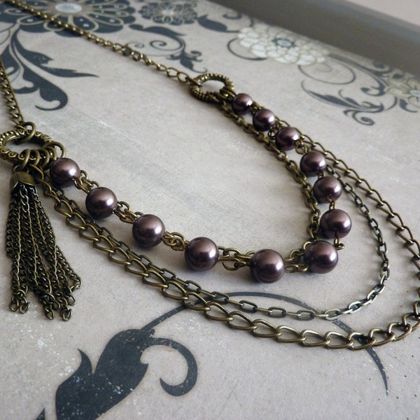 Layer Necklace - Chain, Swarovski Glass Pearl, Purple, Plum, Antique Brass, Bohemian, Tassel